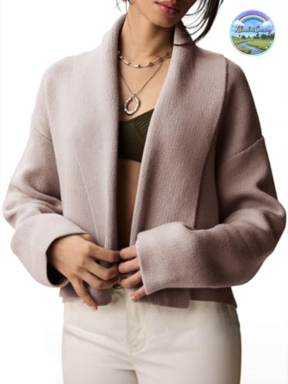 Viscose Blend Cropped Cardigan Open Front Long Sleeve Lapel